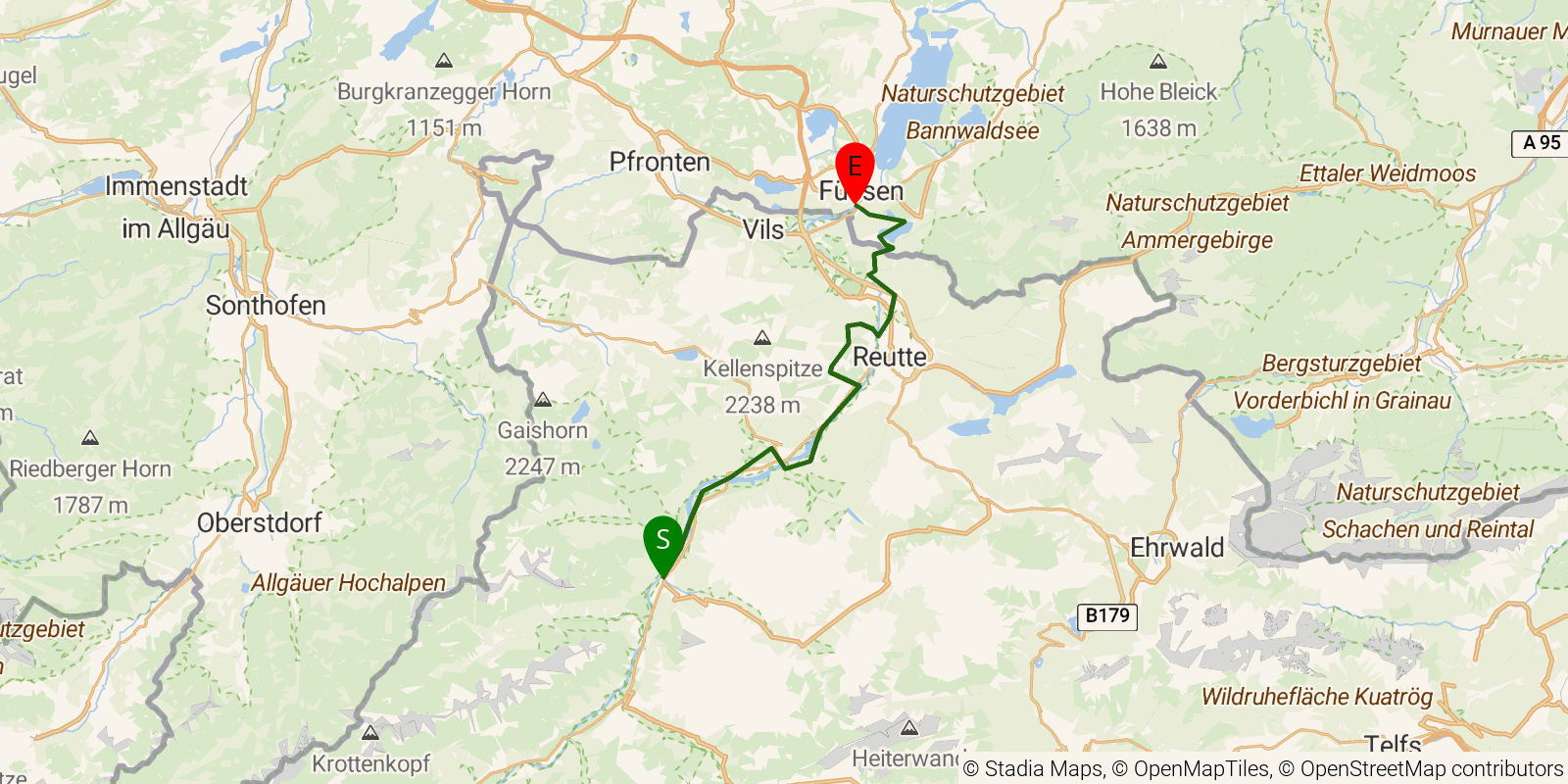 Route map of the Lechweg — Stages 6–7: Stanzach to Füssen on OpenStreetMap terrain