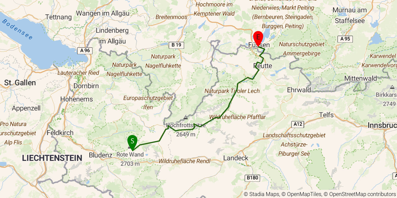 Route map of the Lechweg on OpenStreetMap terrain