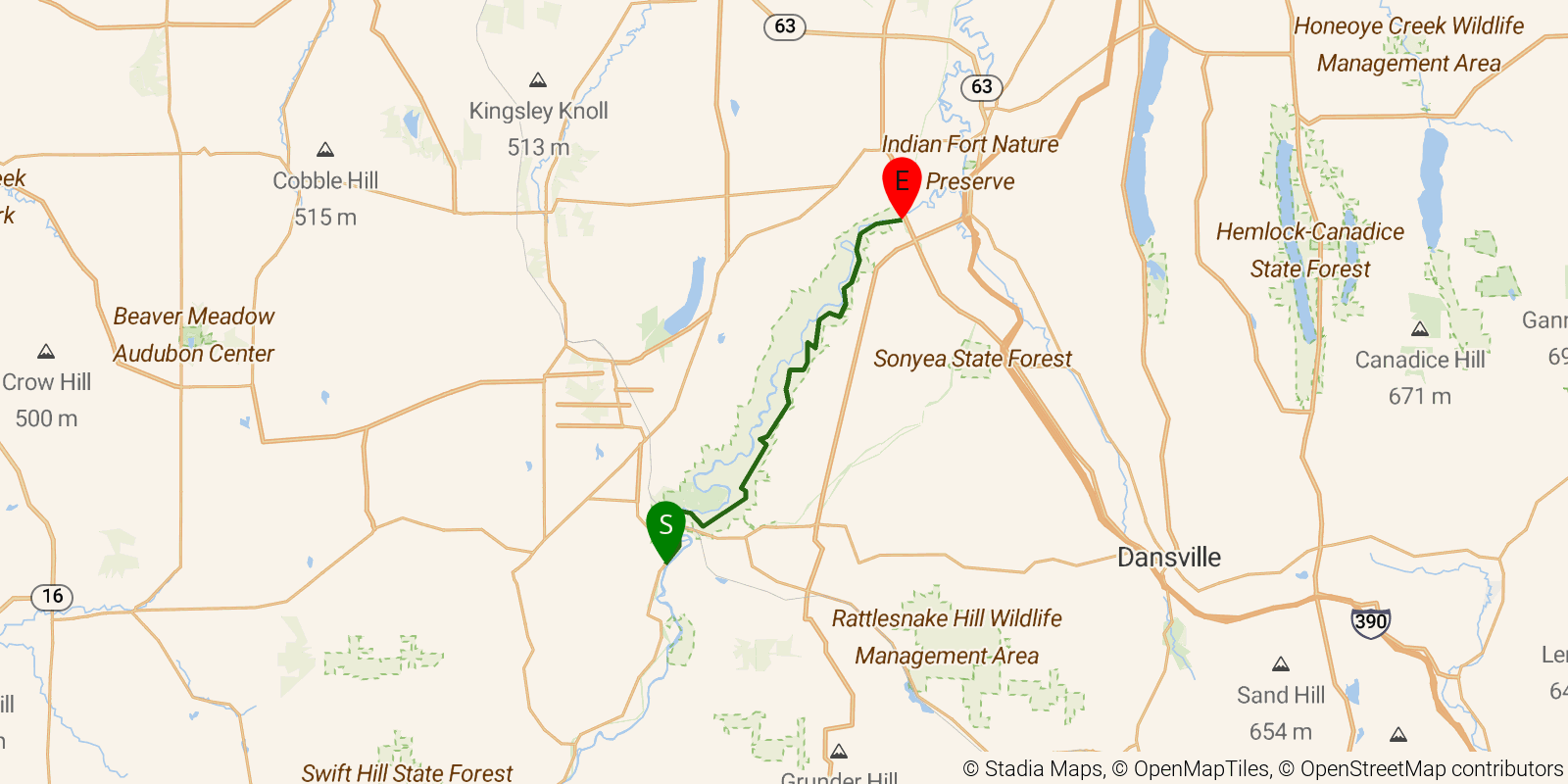 Route map of the Letchworth Trail on OpenStreetMap terrain