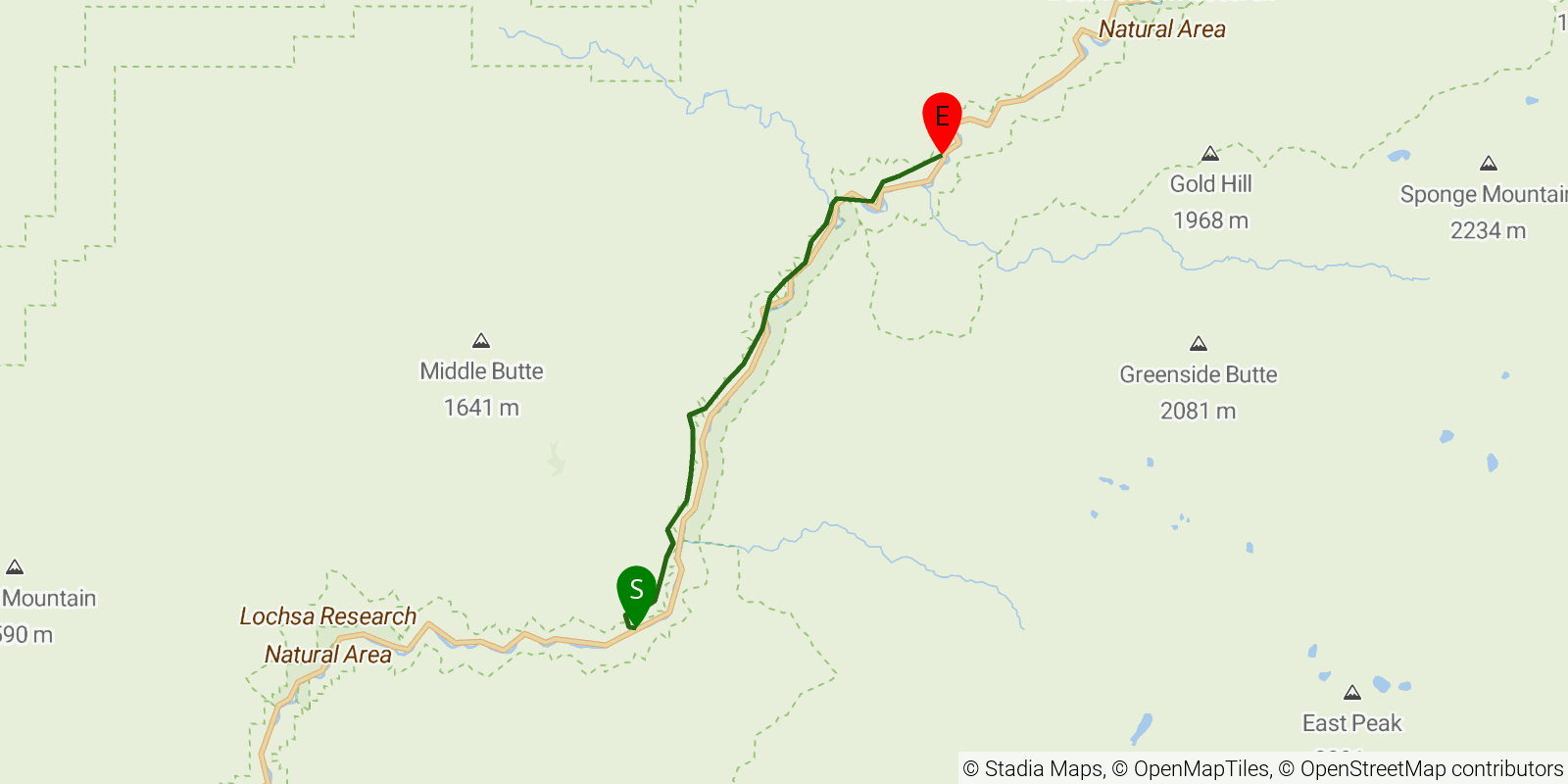 Route map of the Lochsa River Historic Trail on OpenStreetMap terrain