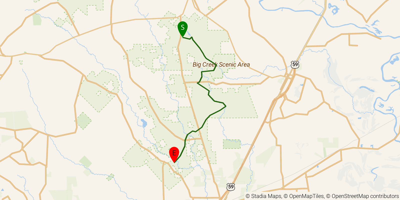 Route map of the Lone Star Hiking Trail — Sections Big Creek–Tarkington–Winters Bayou: Big Creek–Tarkington–Winters Bayou on OpenStreetMap terrain