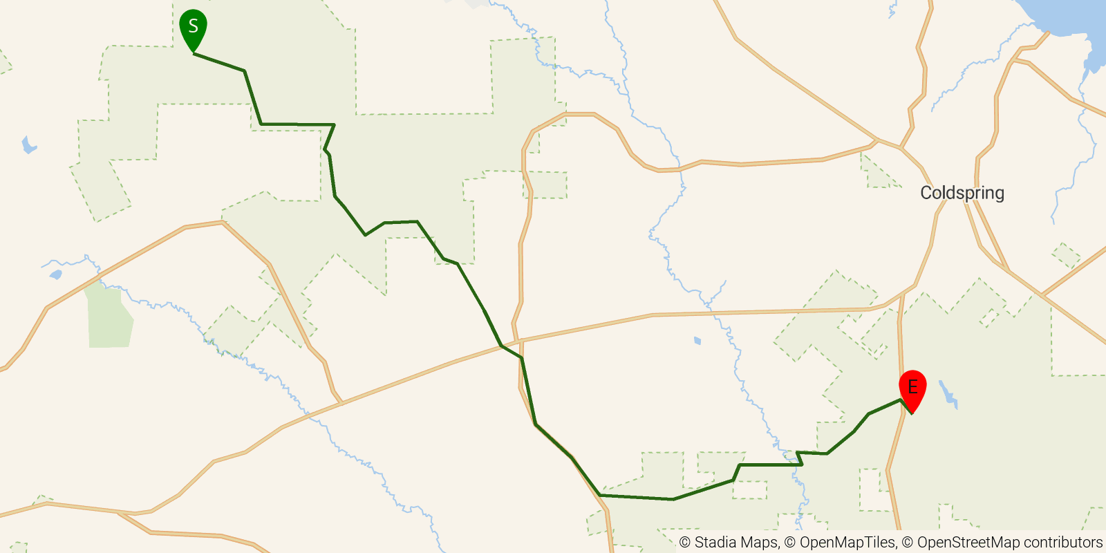 Route map of the Lone Star Hiking Trail — Sections Big Woods–Magnolia: Big Woods–Magnolia on OpenStreetMap terrain