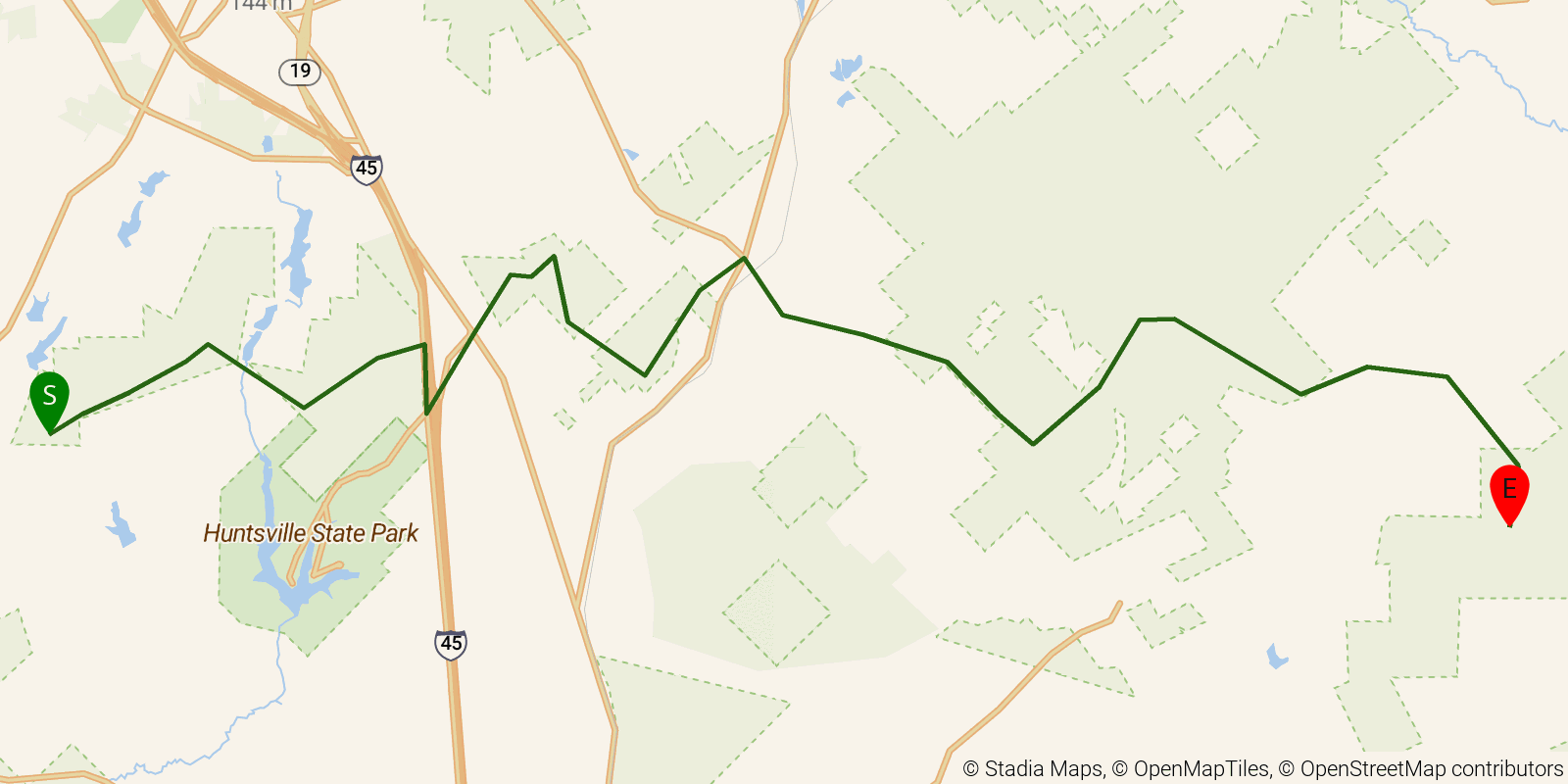 Route map of the Lone Star Hiking Trail — Sections Huntsville–Phelps–Four Notch: Huntsville–Phelps–Four Notch on OpenStreetMap terrain