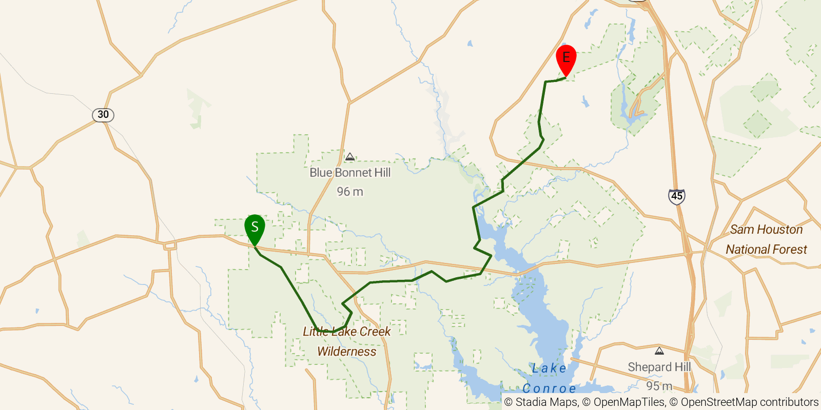 Route map of the Lone Star Hiking Trail — Sections Wilderness–Kelly–Stubblefield: Wilderness–Kelly–Stubblefield on OpenStreetMap terrain