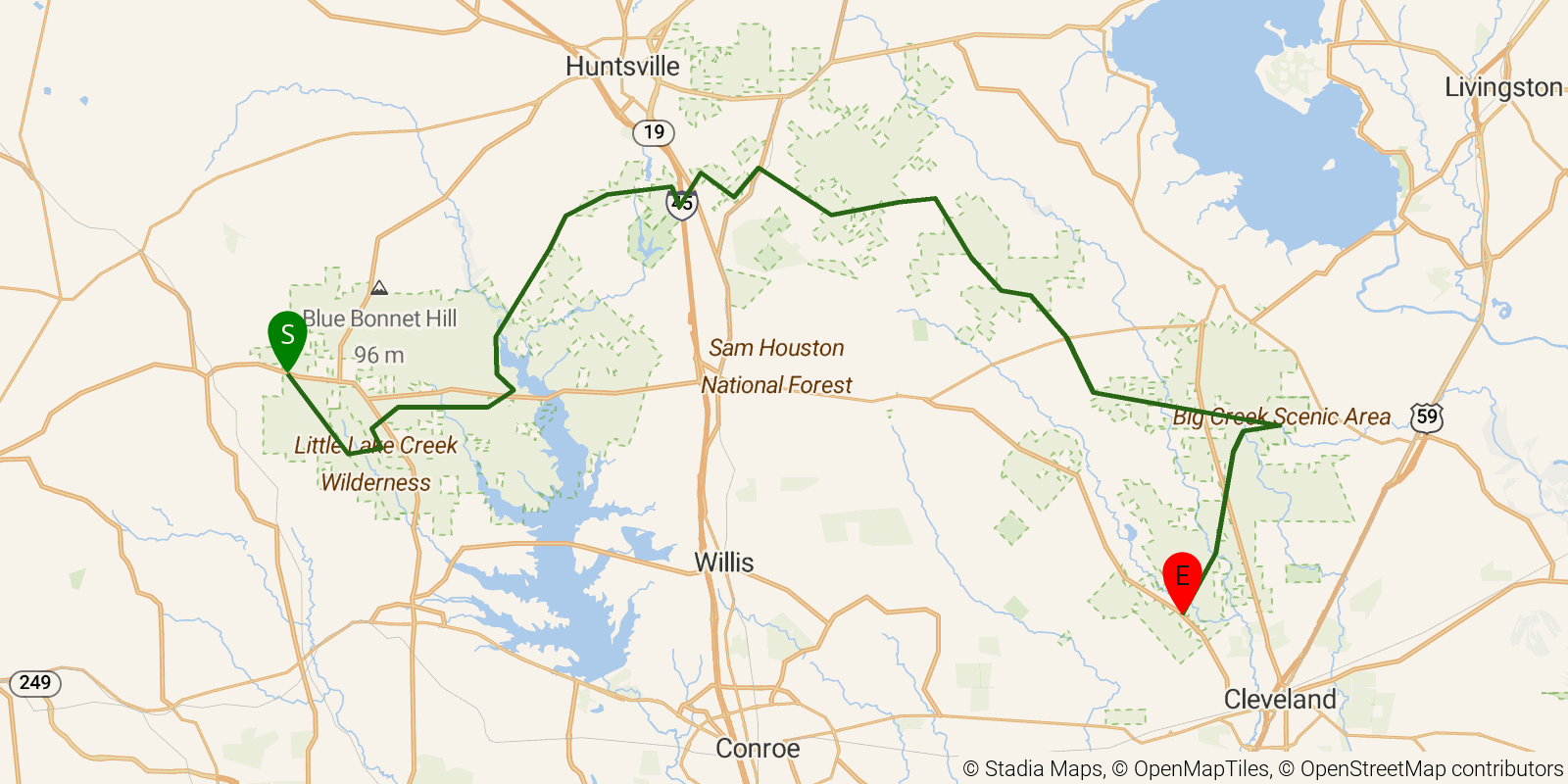 Route map of the Lone Star Hiking Trail on OpenStreetMap terrain