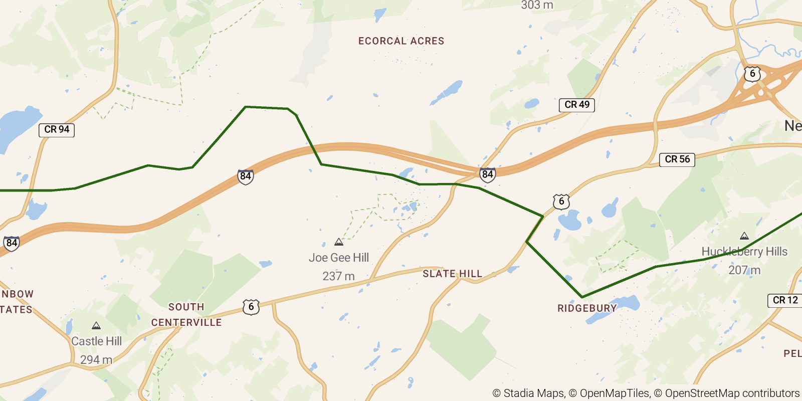 Route map of the Long Path — Section 10: Heritage Trail in Goshen to Mountain Road in Greenville on OpenStreetMap terrain