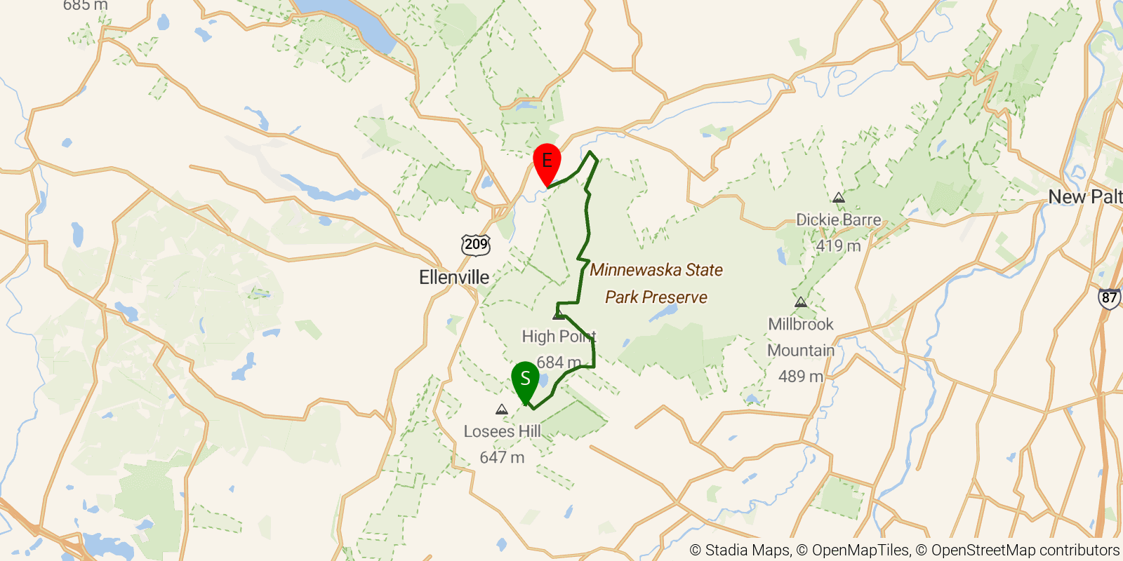 Route map of the Long Path — Section 14: Sam’s Point to Rondout Creek on OpenStreetMap terrain