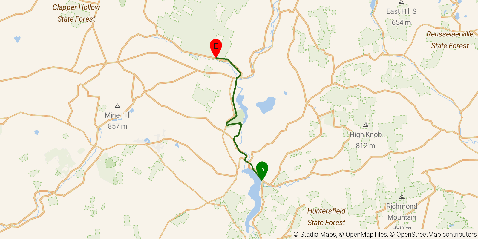 Route map of the Long Path — Section 29: West Conesville to Doney Hollow on OpenStreetMap terrain