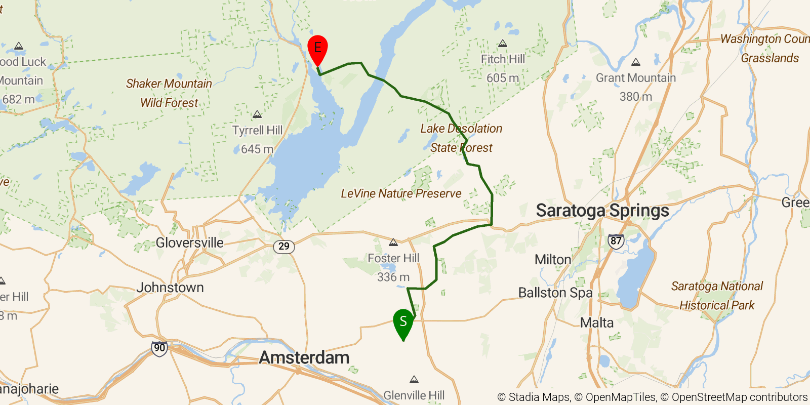 Route map of the Long Path — Section 40: Saratoga County line to Northville–Placid Trail (Waterfront Park, Northville) on OpenStreetMap terrain