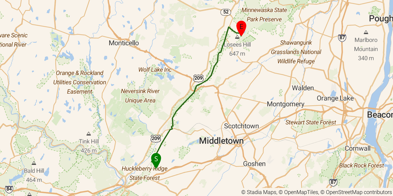 Route map of the Long Path — Sections 11–13: Mountain Road in Greenville to Sam’s Point on OpenStreetMap terrain
