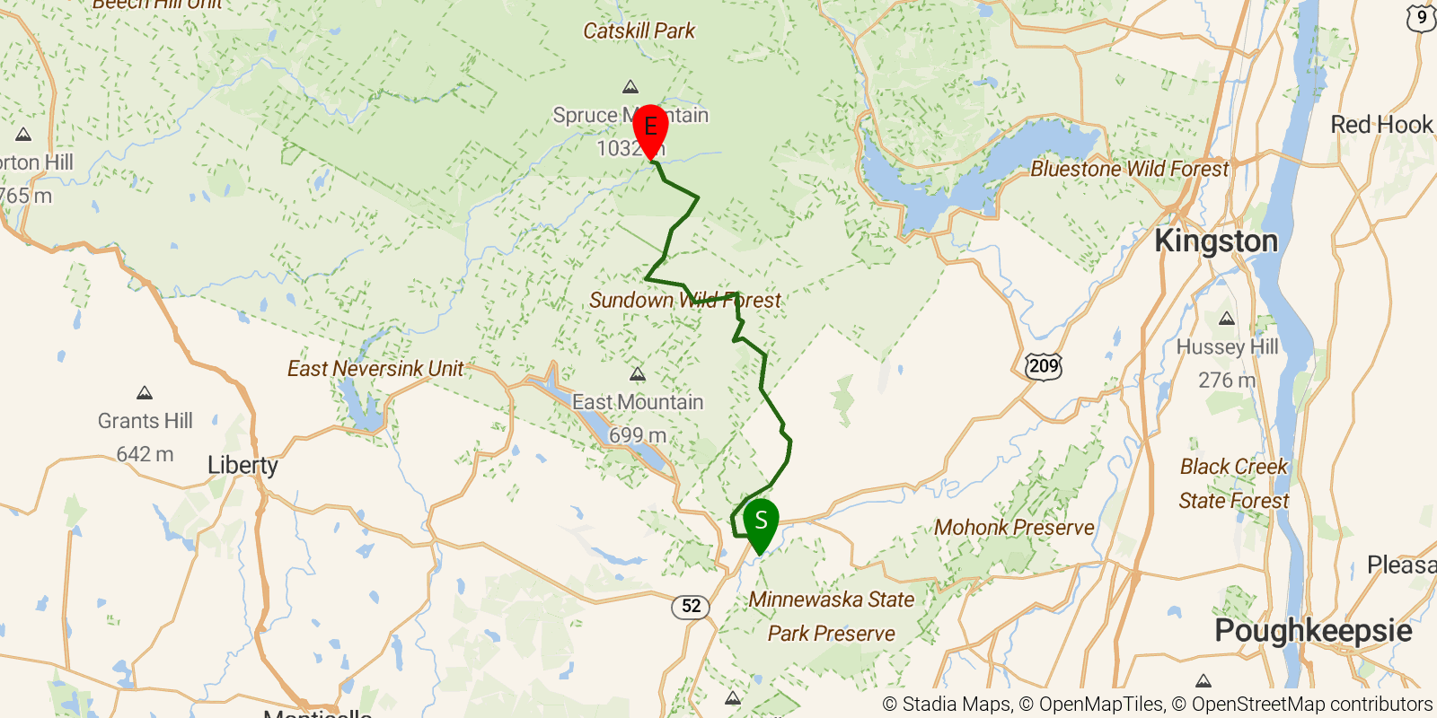 Route map of the Long Path — Sections 15–17: Rondout Creek to Denning Road on OpenStreetMap terrain