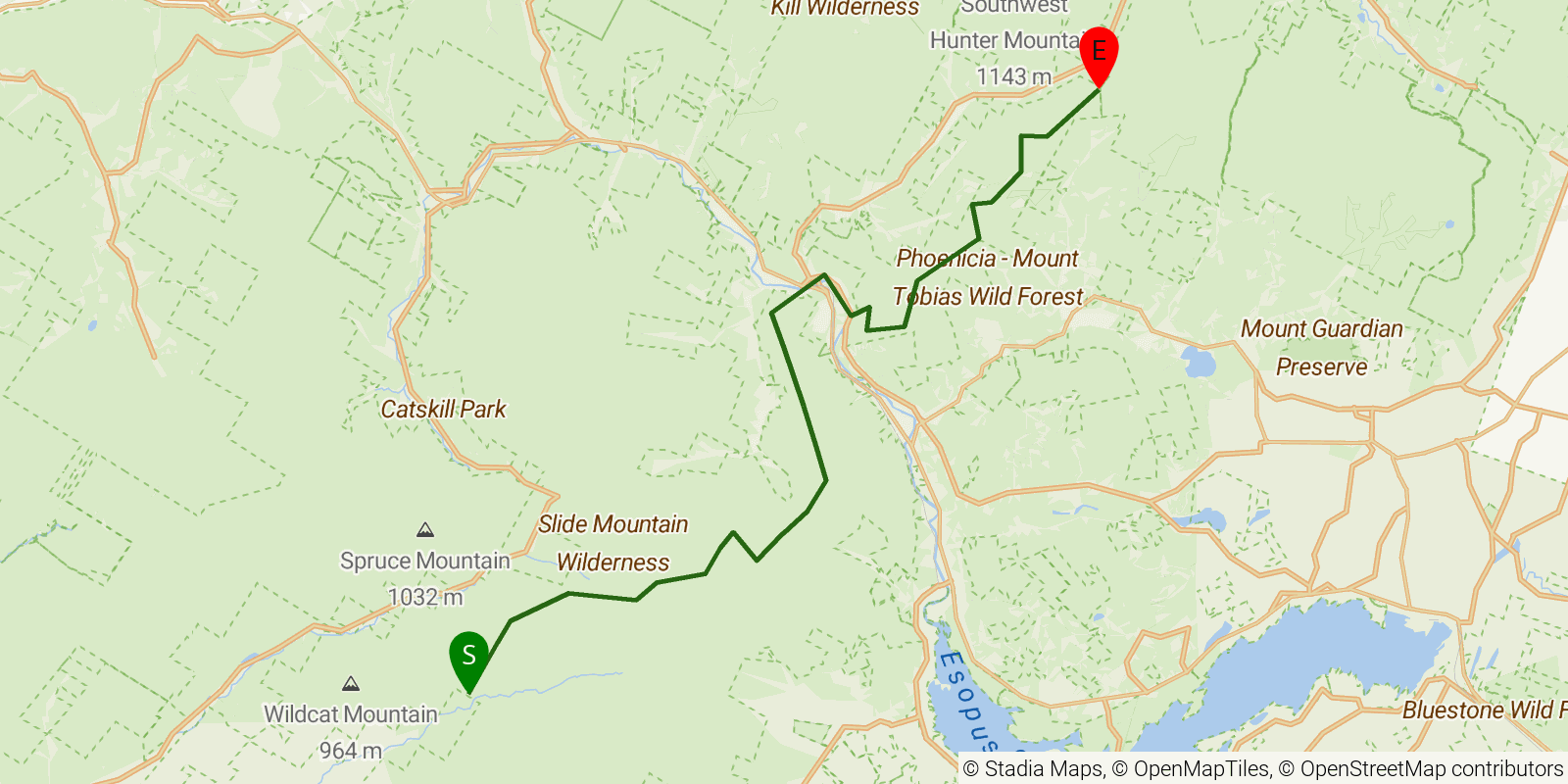 Route map of the Long Path — Sections 18–20: Denning Road to Silver Hollow Notch on OpenStreetMap terrain