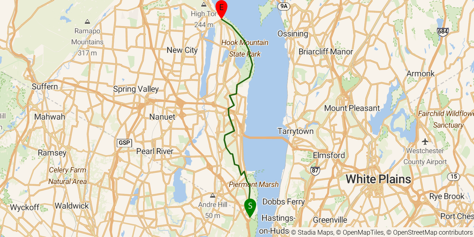 Route map of the Long Path — Sections 2–3: NY–NJ State Line to Long Clove on OpenStreetMap terrain