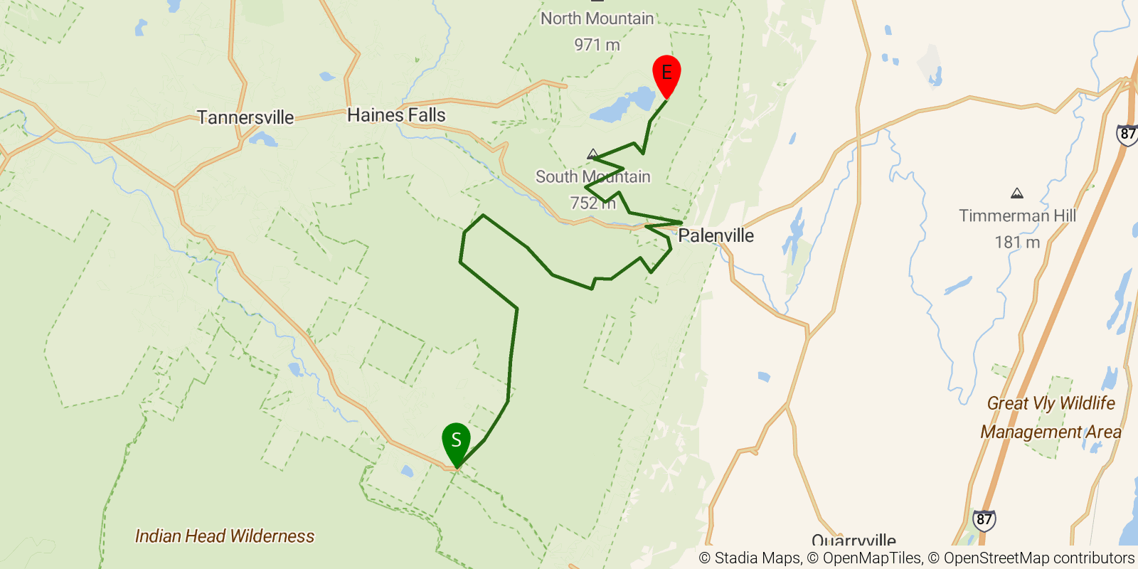 Route map of the Long Path — Sections 22–23: Platte Clove Road to North Lake State Campground on OpenStreetMap terrain