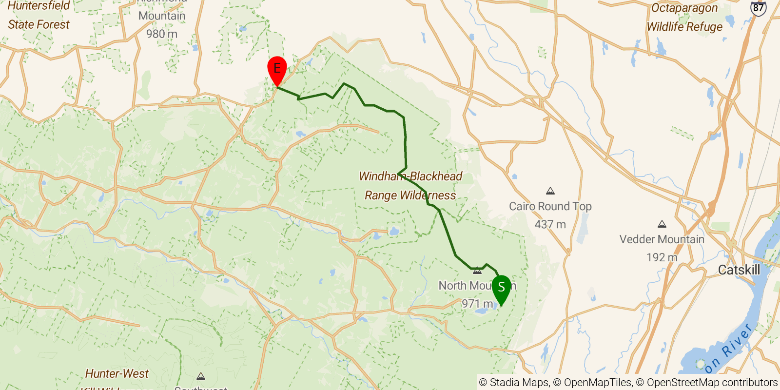 Route map of the Long Path — Sections 24–25: North Lake State Campground to NY Route 23 on OpenStreetMap terrain