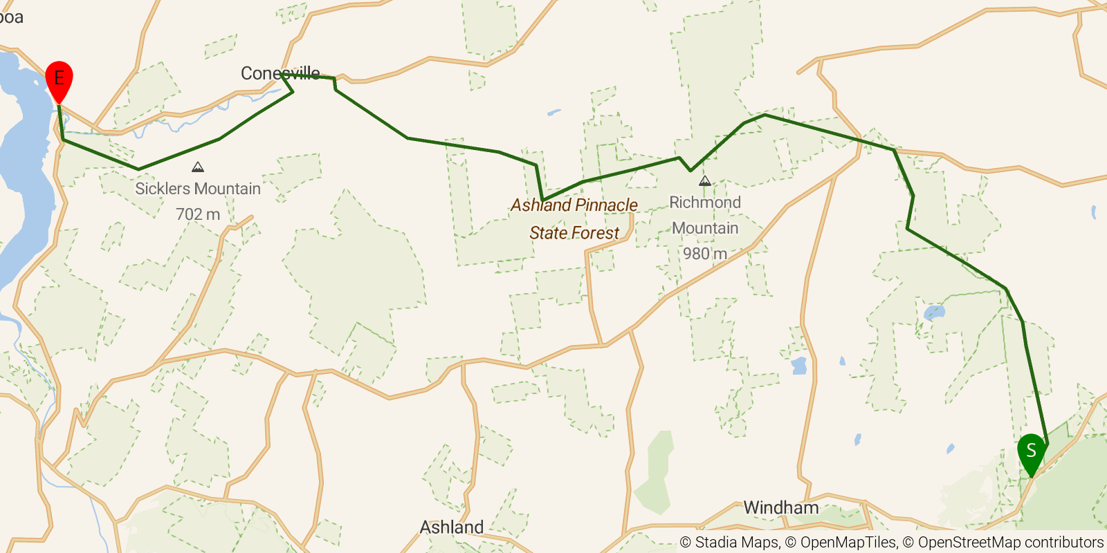 Route map of the Long Path — Sections 26–28: NY Route 23 to West Conesville on OpenStreetMap terrain