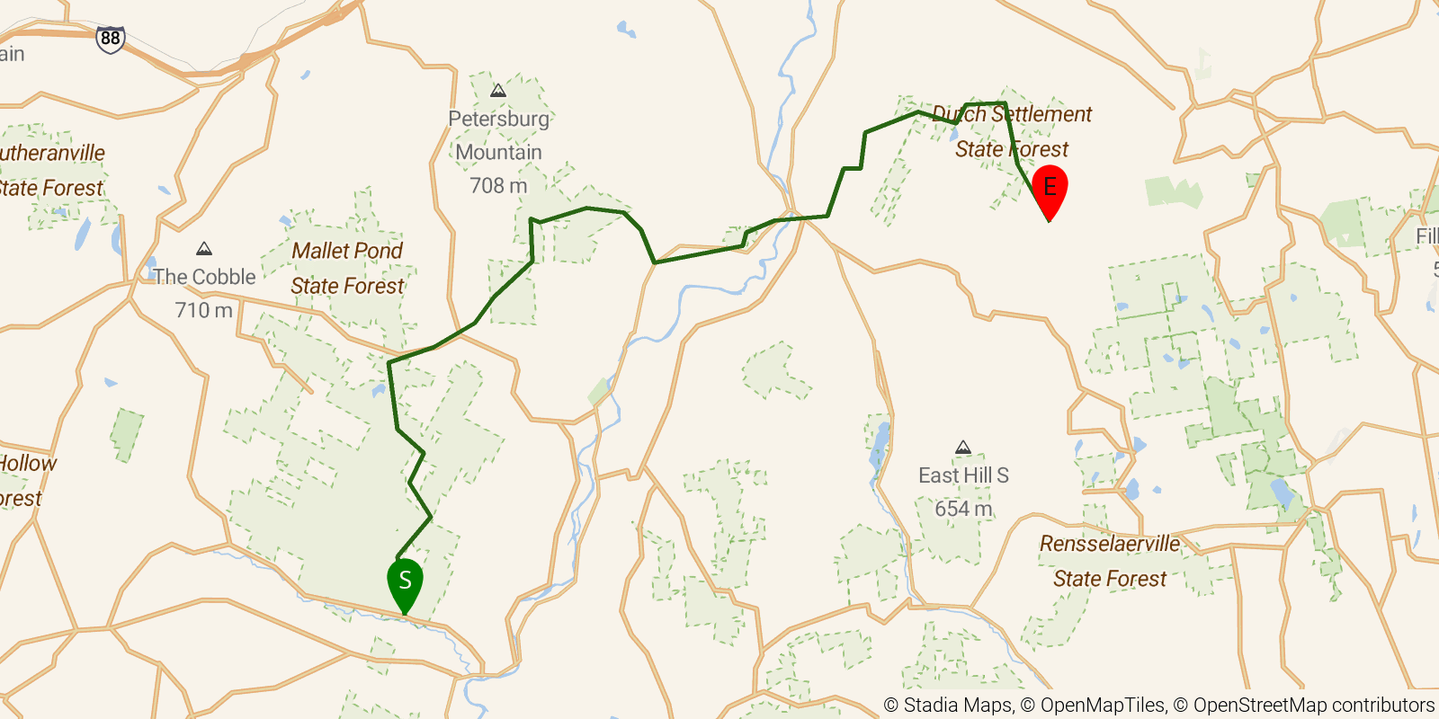 Route map of the Long Path — Sections 30–32: Doney Hollow to Albany County line (Lawton Hollow Road) on OpenStreetMap terrain