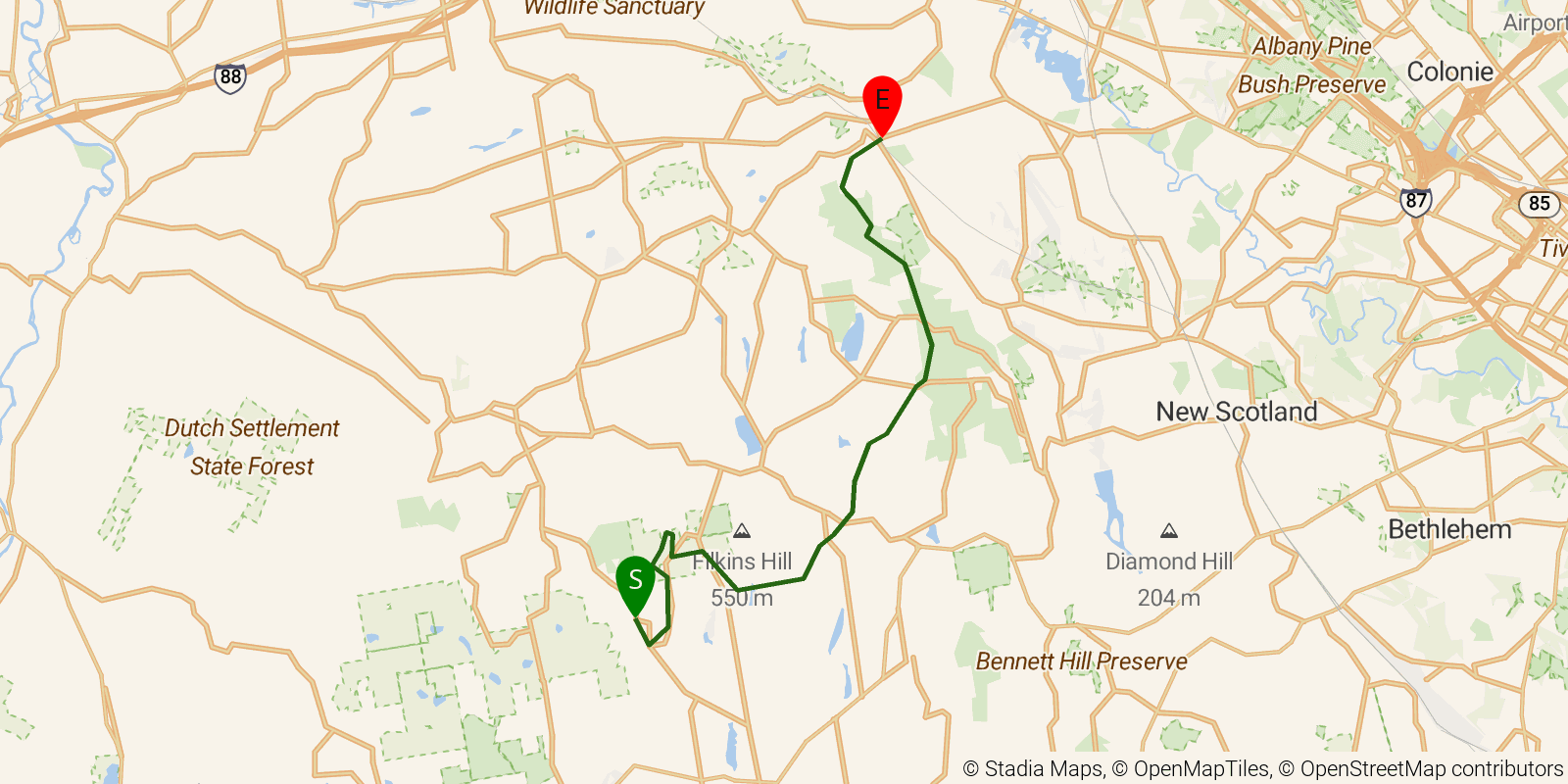Route map of the Long Path — Sections 34–35: Switz Kill to Altamont on OpenStreetMap terrain