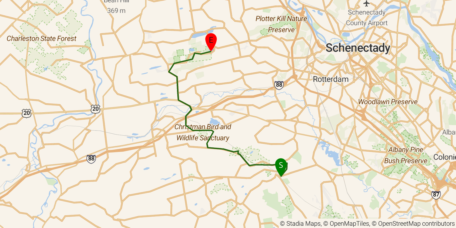 Route map of the Long Path — Sections 36–37: Altamont to Featherstonhaugh State Forest on OpenStreetMap terrain