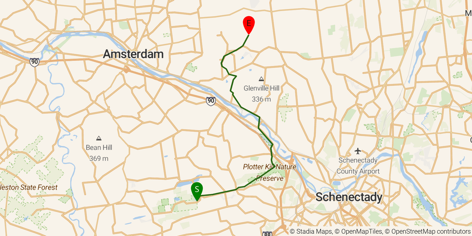 Route map of the Long Path — Sections 38–39: Featherstonhaugh State Forest to Saratoga County line on OpenStreetMap terrain