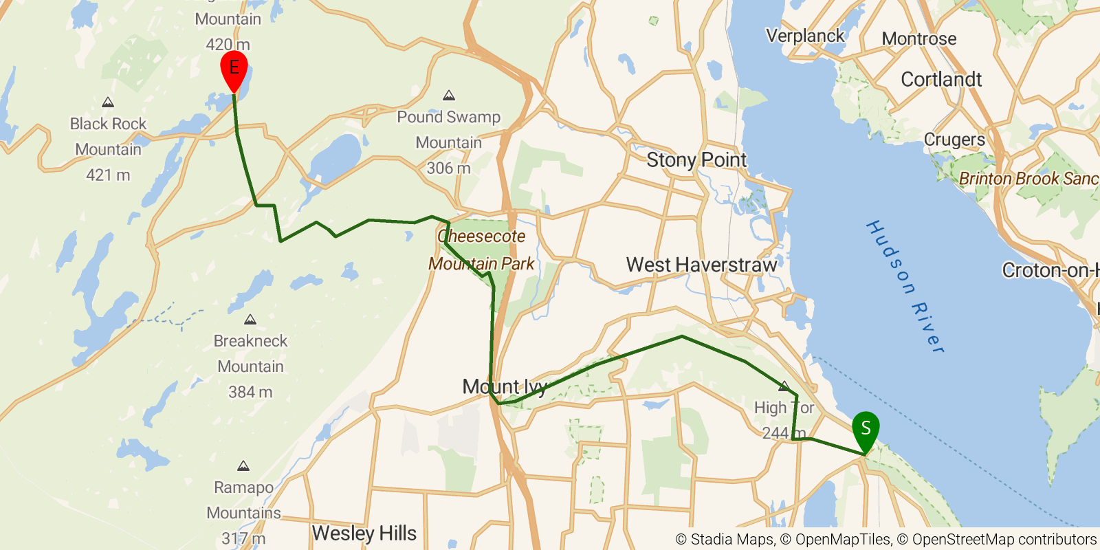 Route map of the Long Path — Sections 4–5: Long Clove to Lake Skannatati on OpenStreetMap terrain