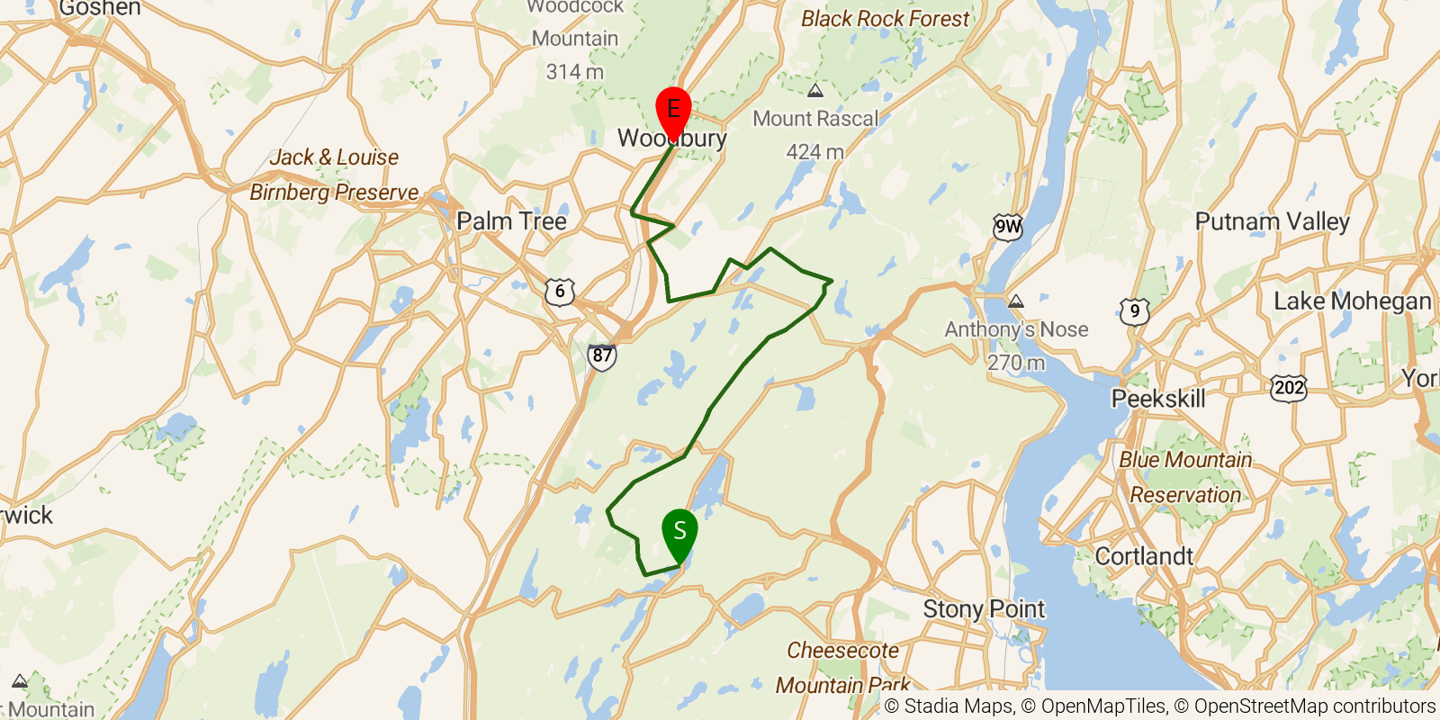 Route map of the Long Path — Sections 6–7: Lake Skannatati to NY Route 32 (Woodbury) on OpenStreetMap terrain