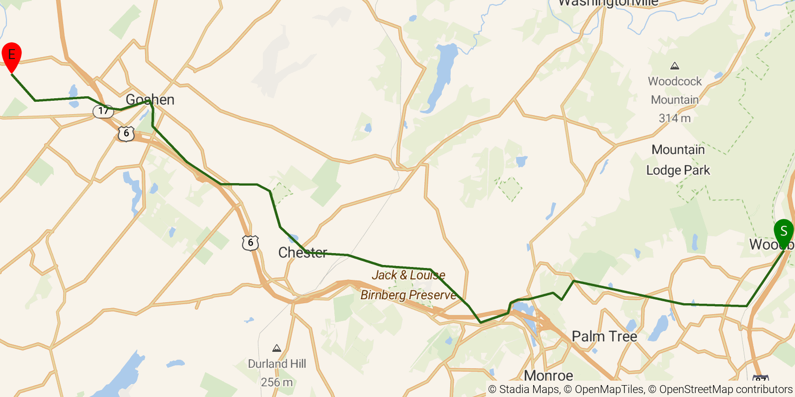 Route map of the Long Path — Sections 8–9: NY Route 32 (Woodbury) to Heritage Trail in Goshen on OpenStreetMap terrain