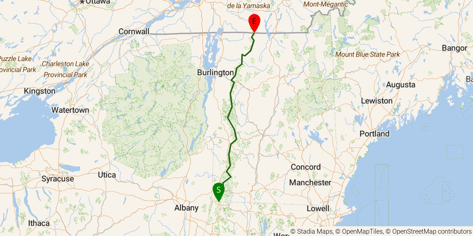 Route map of the Long Trail on OpenStreetMap terrain