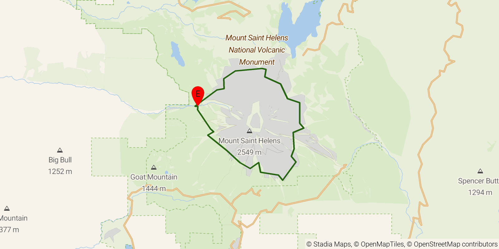 Route map of the Loowit Trail on OpenStreetMap terrain