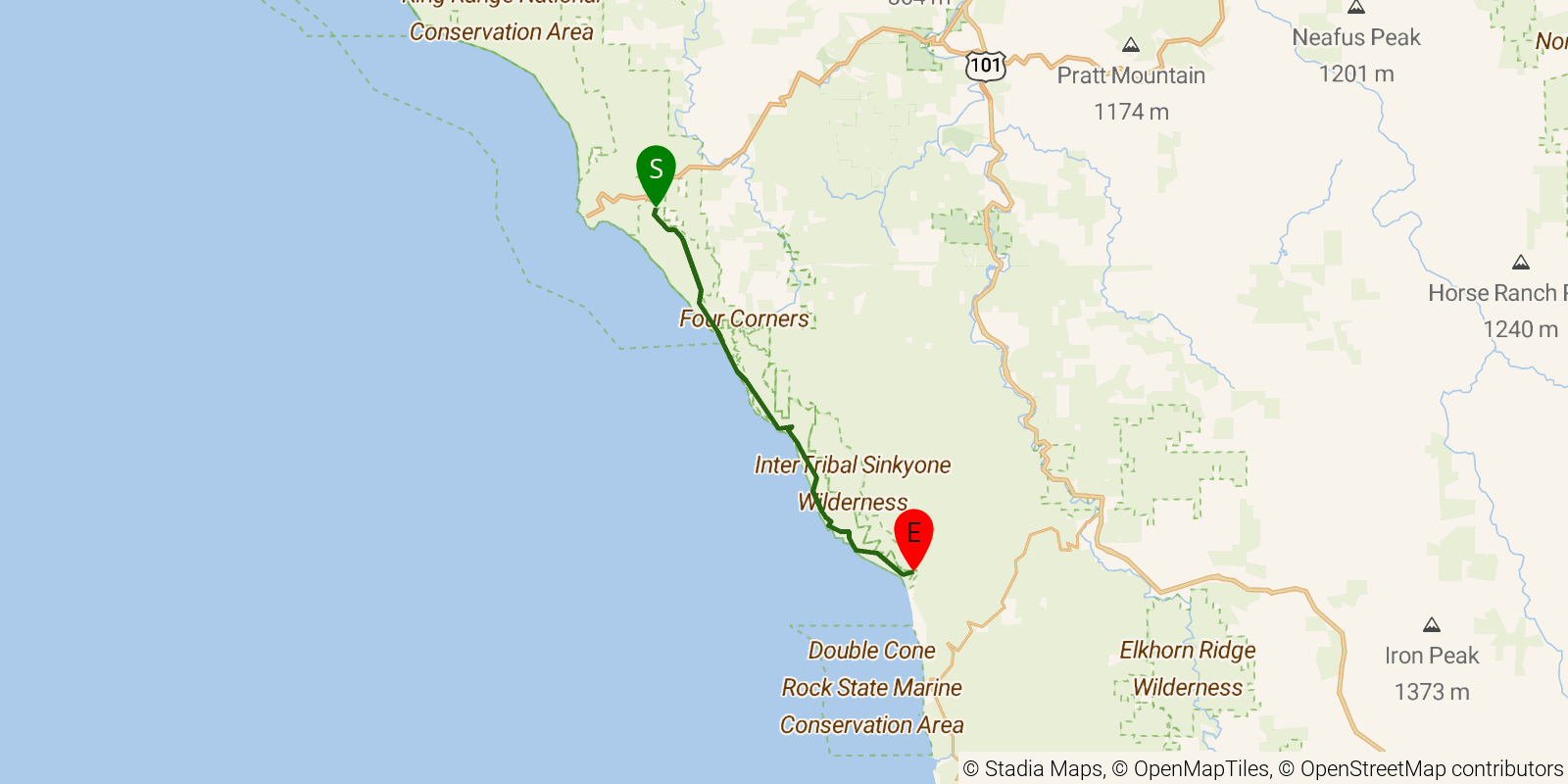 Route map of the Lost Coast Trail on OpenStreetMap terrain