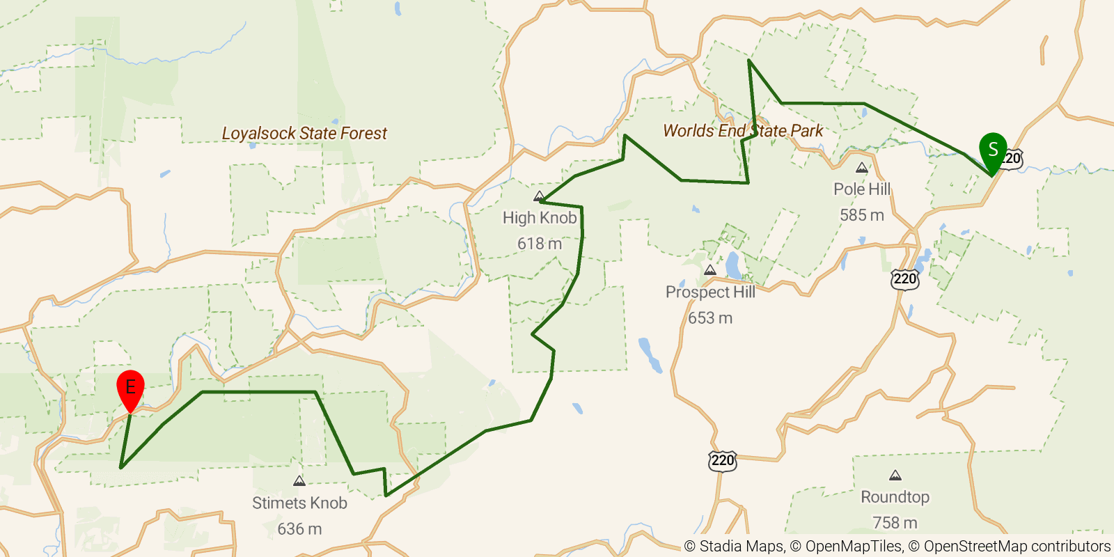 Route map of the Loyalsock Trail on OpenStreetMap terrain