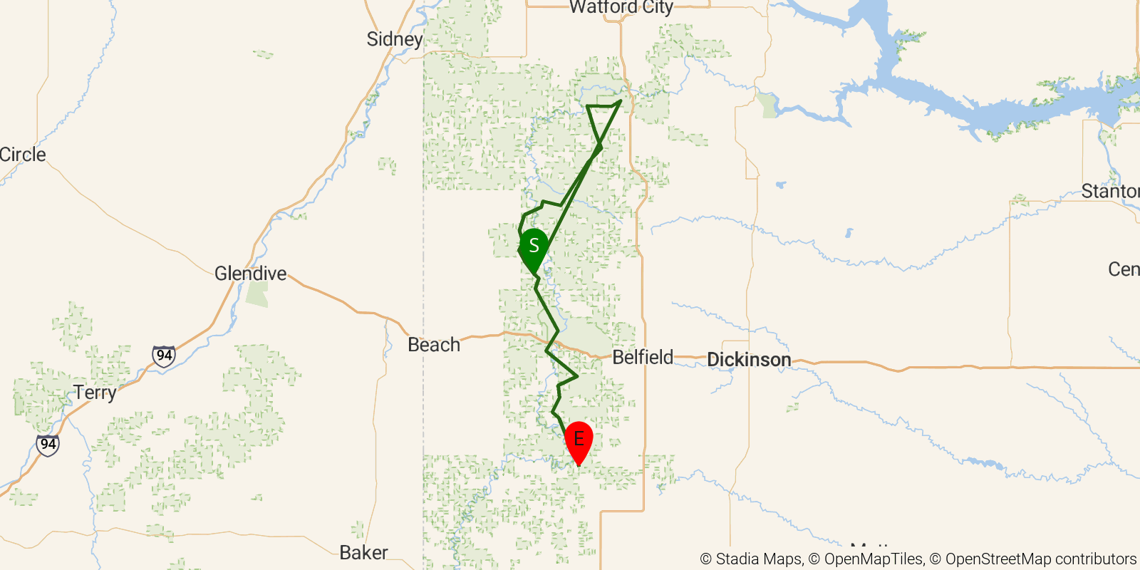 Route map of the Maah Daah Hey Trail on OpenStreetMap terrain