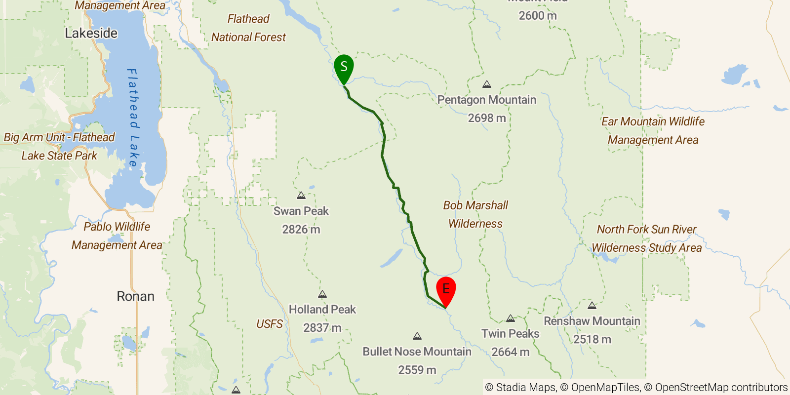 Route map of the Main South Fork Trail on OpenStreetMap terrain