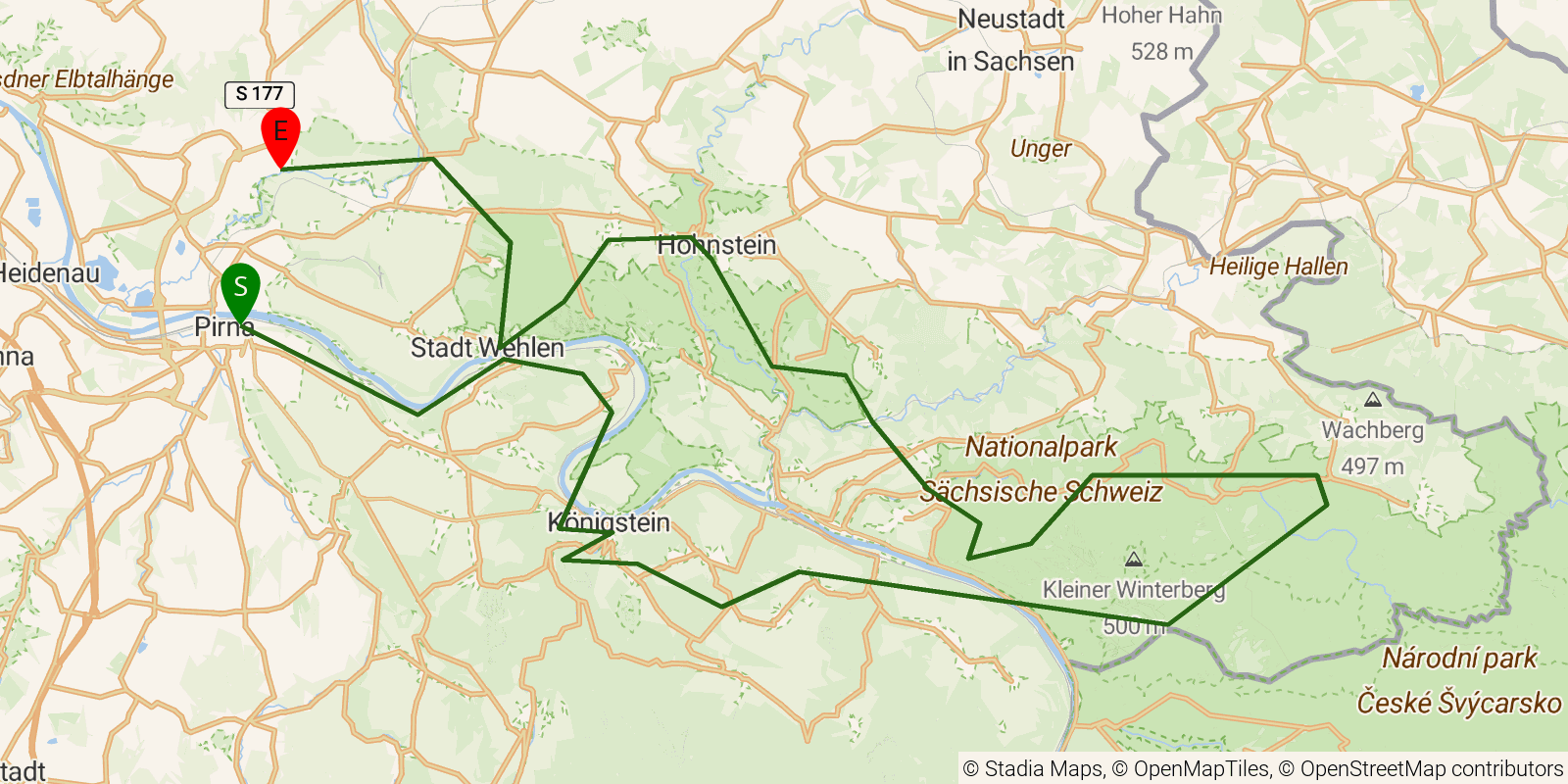 Route map of the Malerweg on OpenStreetMap terrain