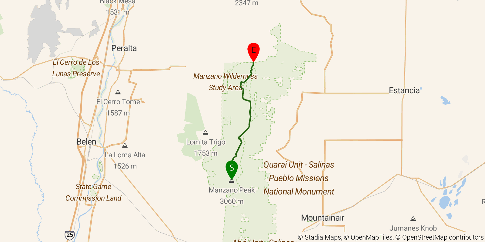 Route map of the Manzano Crest Trail on OpenStreetMap terrain
