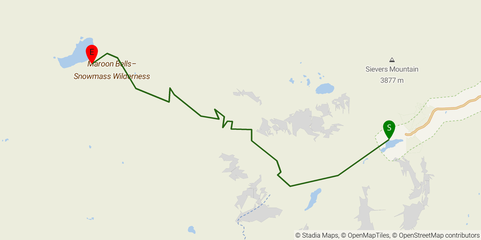Route map of the Maroon-Snowmass Trail on OpenStreetMap terrain