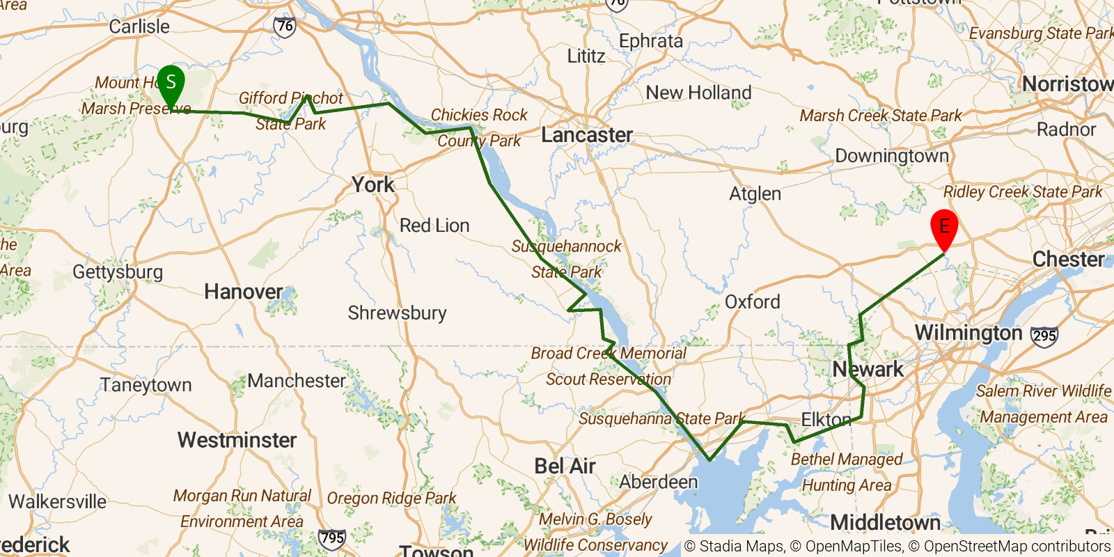 Route map of the Mason-Dixon Trail on OpenStreetMap terrain