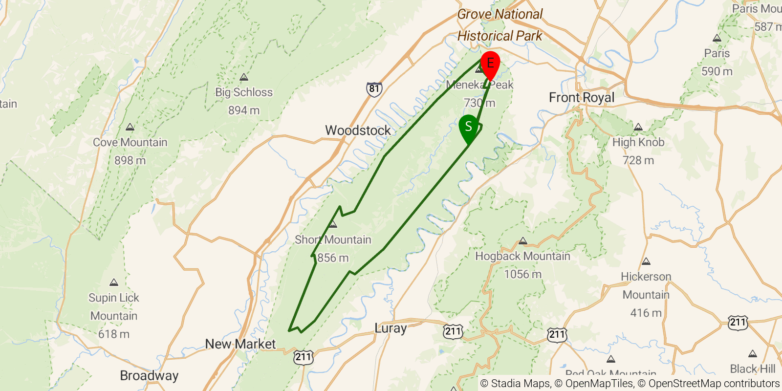Route map of the Massanutten Trail on OpenStreetMap terrain