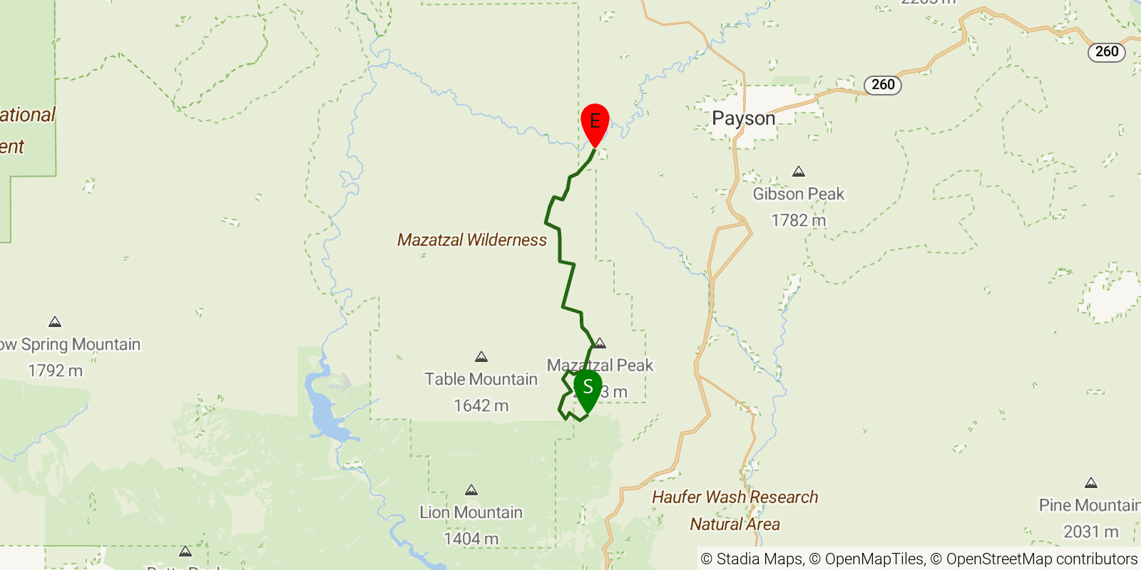 Route map of the Mazatzal Divide Trail on OpenStreetMap terrain