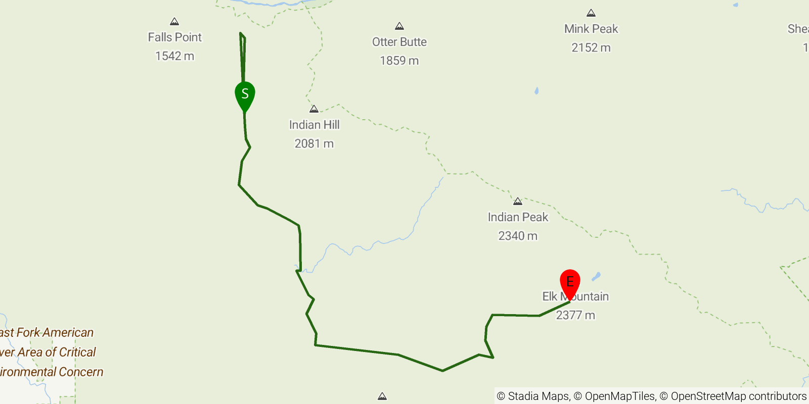Route map of the Meadow Creek National Recreation Trail on OpenStreetMap terrain