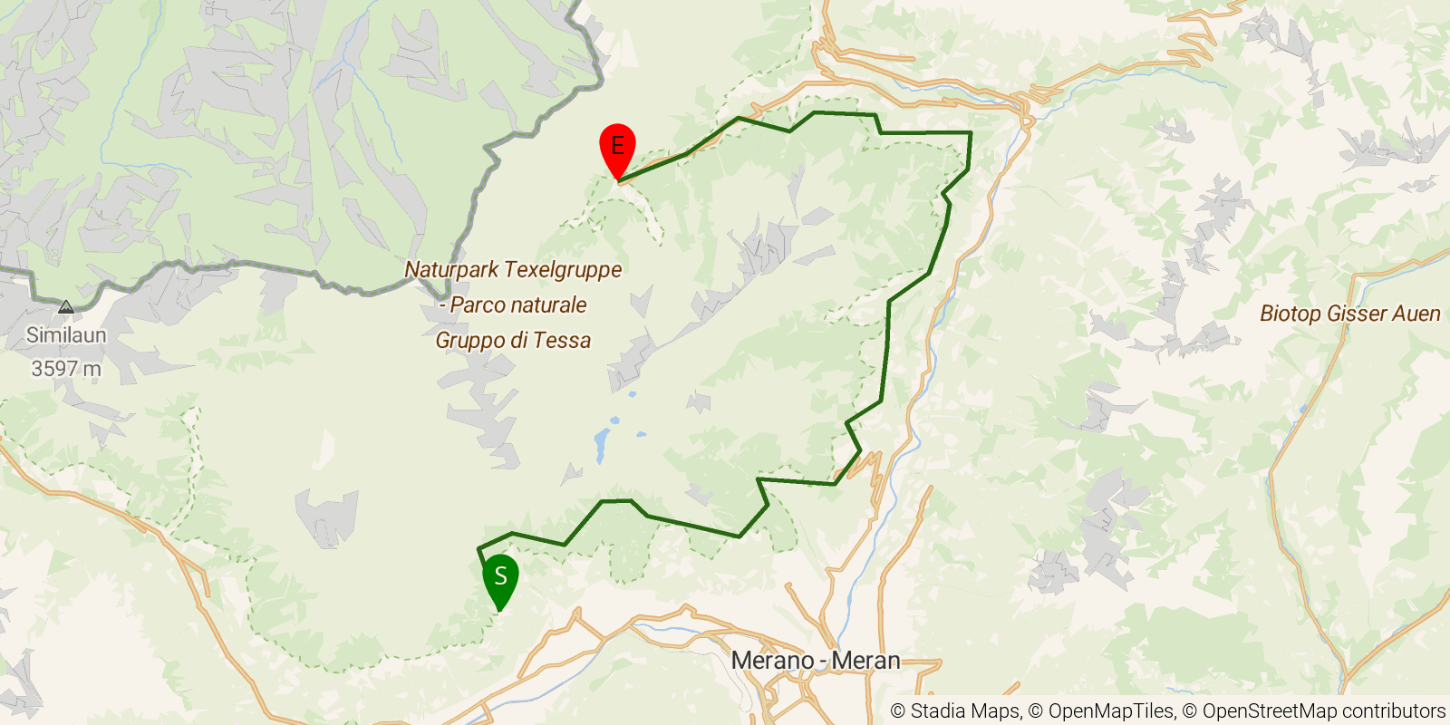 Route map of the Meraner Höhenweg — Stages 1–3: Giggelberg to Pfelders on OpenStreetMap terrain
