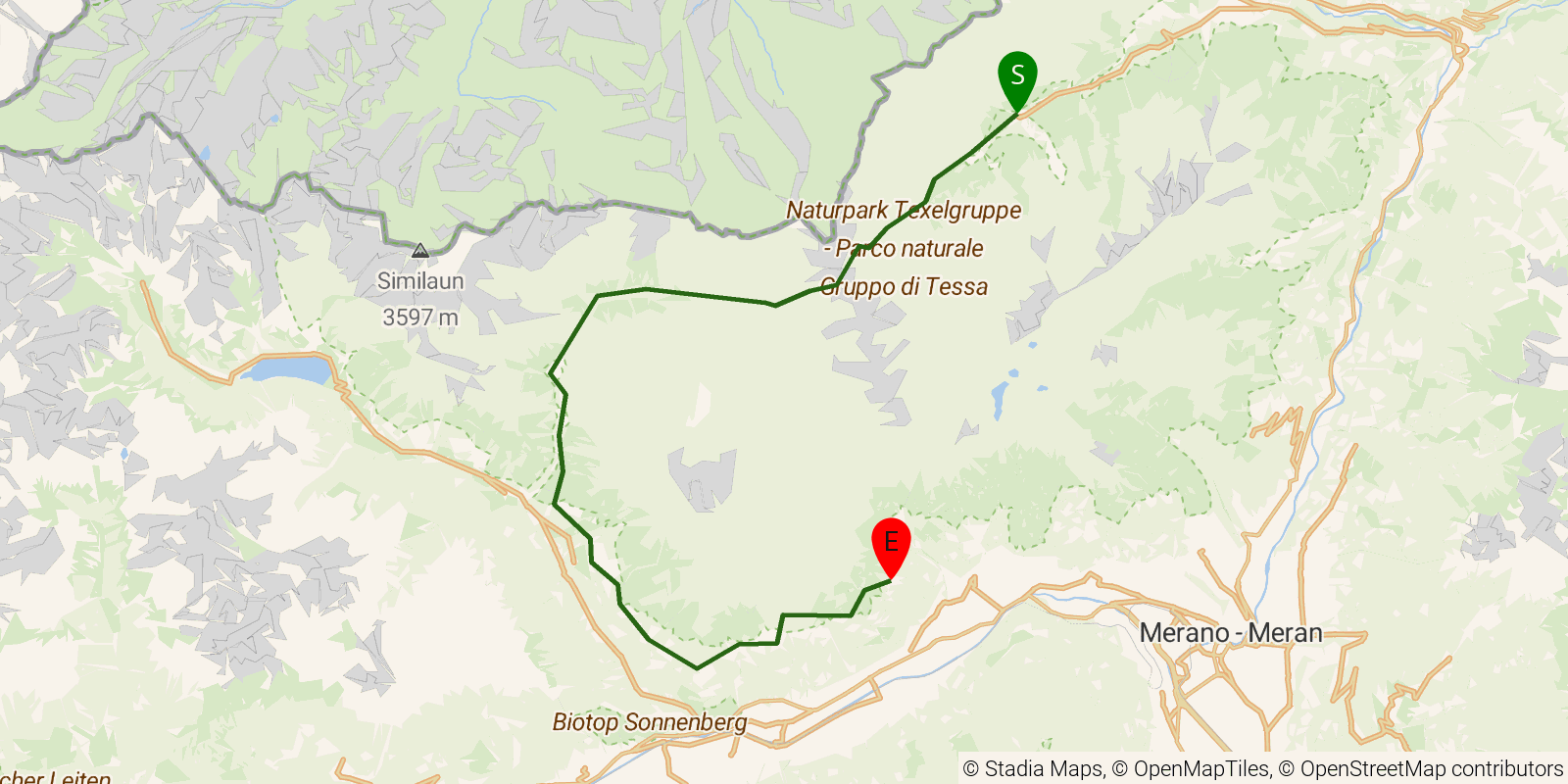 Route map of the Meraner Höhenweg — Stages 4–6: Pfelders to Giggelberg on OpenStreetMap terrain