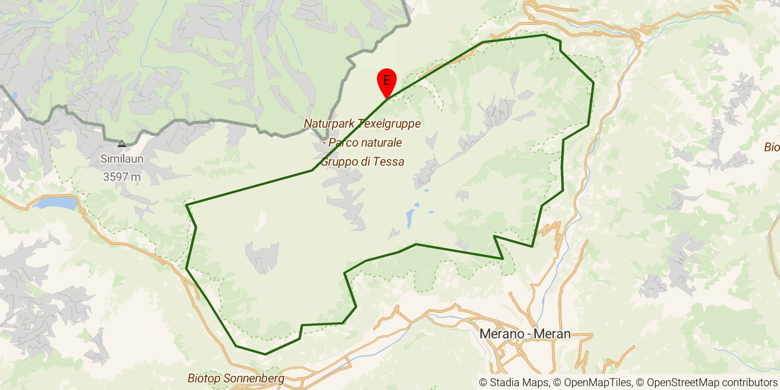 Route map of the Meraner Höhenweg on OpenStreetMap terrain