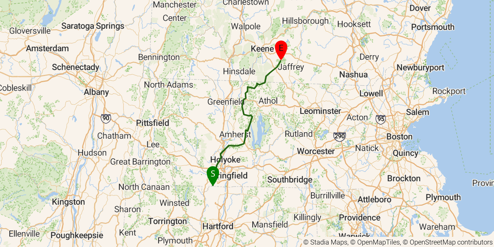Route map of the Metacomet–Monadnock Trail on OpenStreetMap terrain