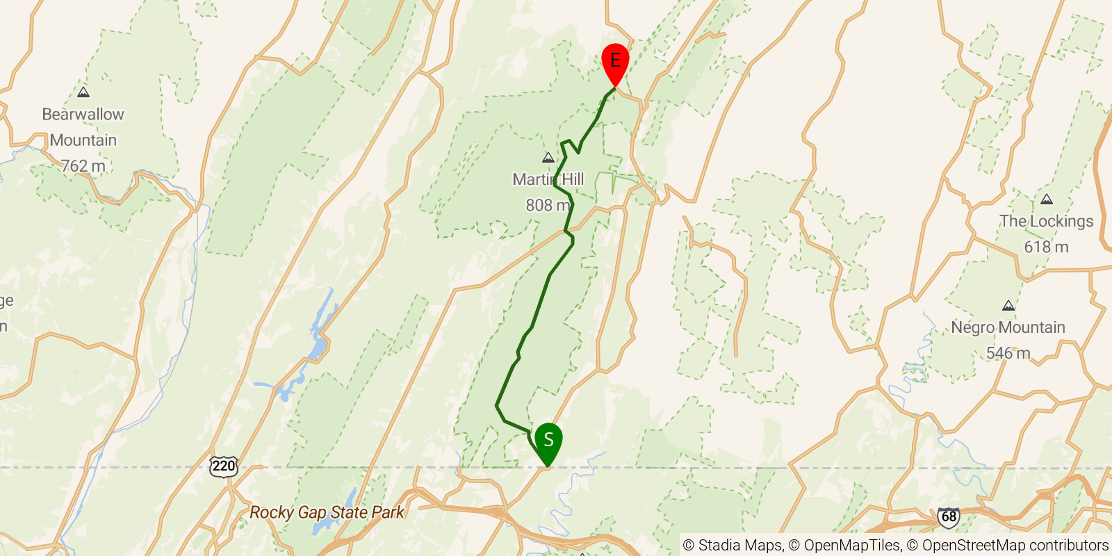 Route map of the Mid State Trail — Section 1: Maryland Border to PA 326 at Rainsburg Gap on OpenStreetMap terrain