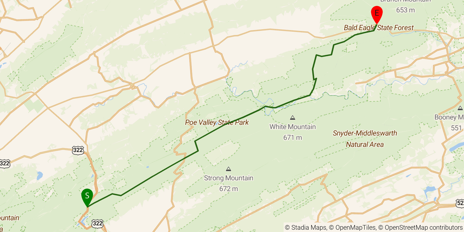 Route map of the Mid State Trail — Section 10: US 322 at Seven Mountains to PA 45 on OpenStreetMap terrain