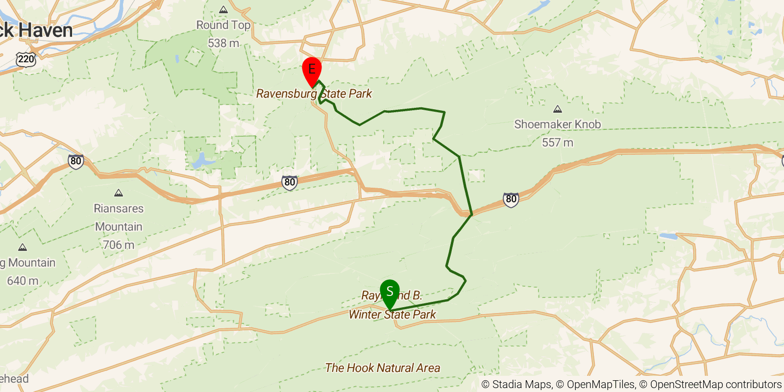 Route map of the Mid State Trail — Section 12: PA 192 at R.B. Winter State Park to PA 880 on OpenStreetMap terrain
