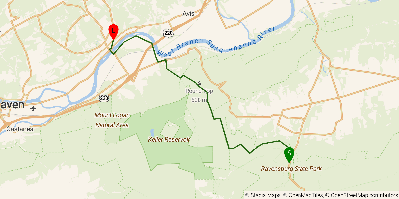 Route map of the Mid State Trail — Section 13: PA 880 at Ravensburg State Park to PA 150 on OpenStreetMap terrain