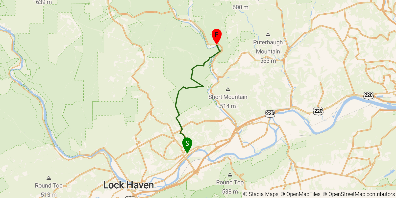 Route map of the Mid State Trail — Section 14: PA 150 through Woolrich to PA 44 on OpenStreetMap terrain