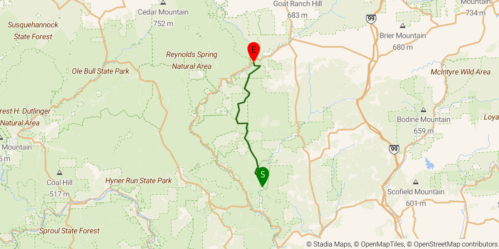 Route map of the Mid State Trail — Section 16: Little Pine State Park (SR 4001) to PA 414 on OpenStreetMap terrain